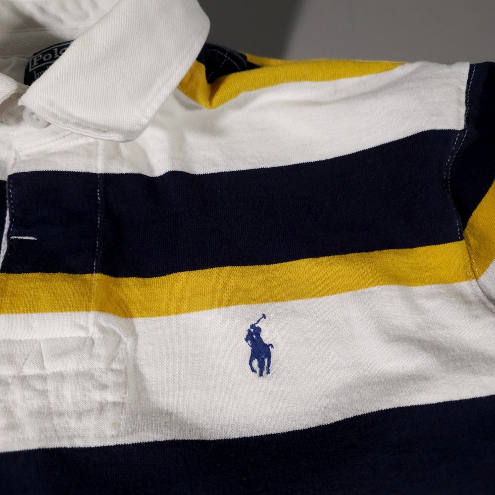 Polo Ralph Lauren Rugby Shirt Mens L White Navy Yellow Striped Long Sleeve Pony - Picture 2 of 7